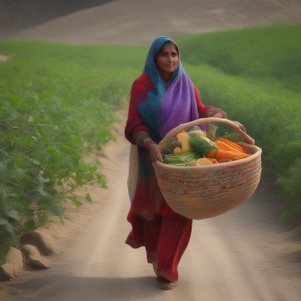 A woman carrying a Pakistan weave basket filled with fruits and vegetables.