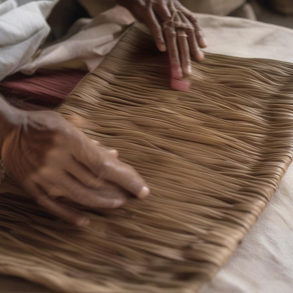 Close-up of hands weaving a Pakistan basket using date palm leaves