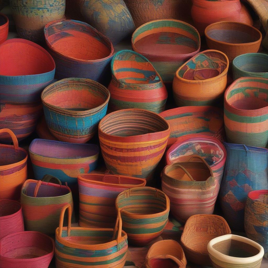 A display of various Pakistan weave baskets in different shapes, sizes, and colors.