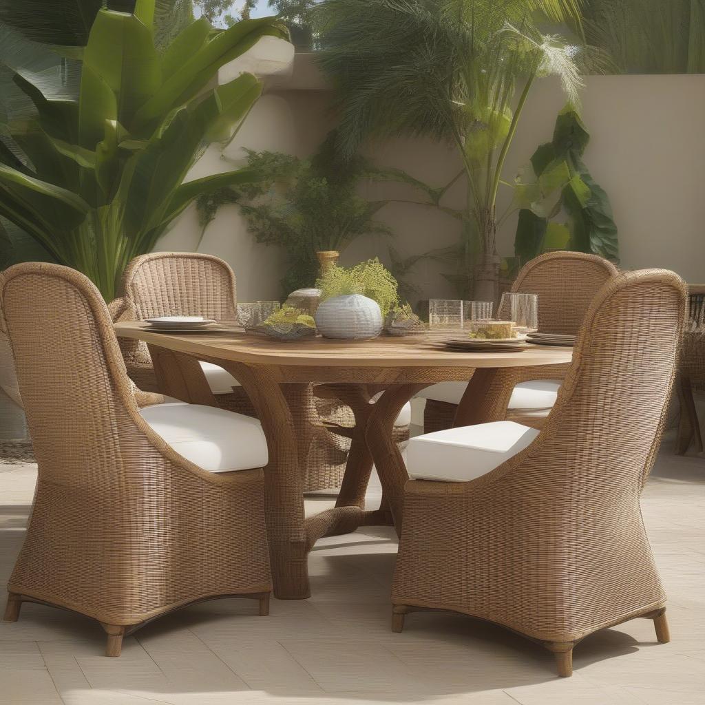 Palecek Bamboo Banana Weave Dining Chairs on a Patio