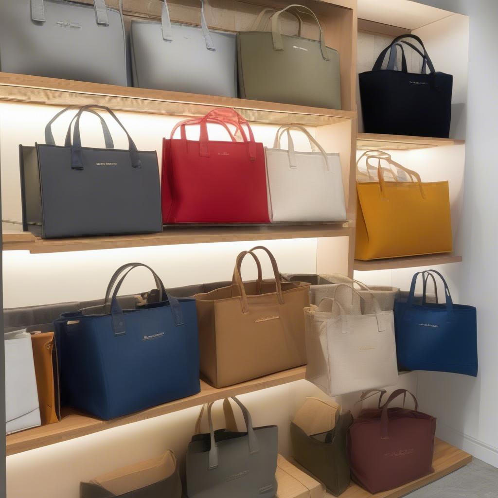 Various styles of the Pallmer tote bag displayed on a shelf