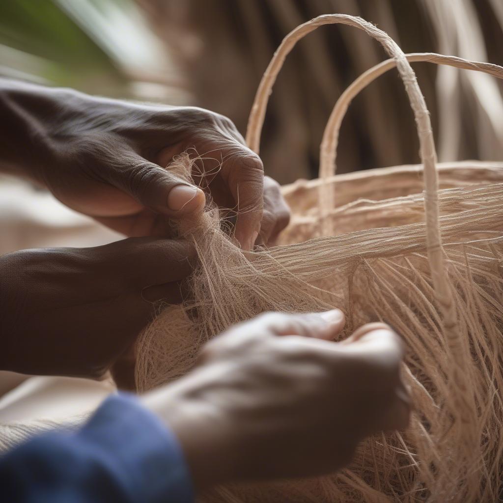 Close-up of hands weaving a basket using palm tree fibre