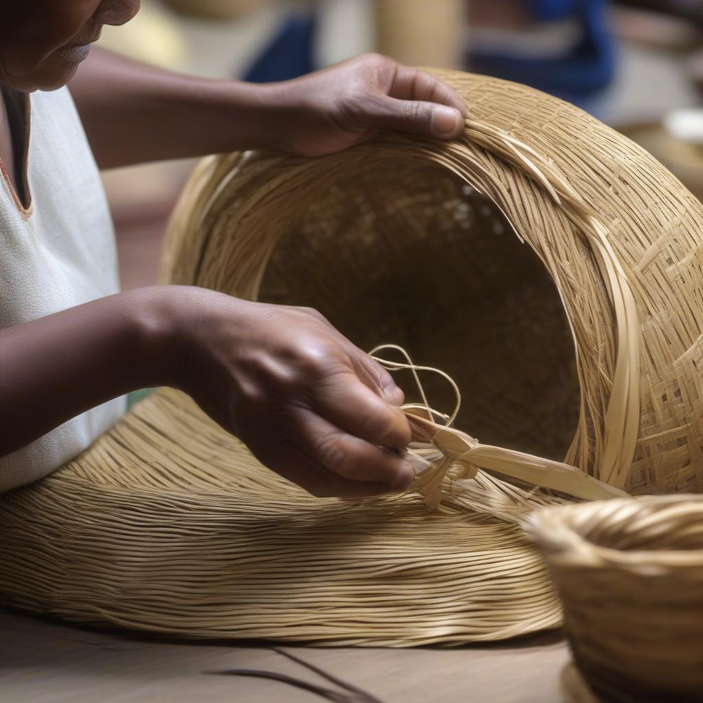 Shaping and finishing the rim of a palm leaf basket