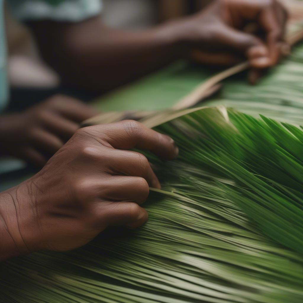 Palm leaves being prepared for basket weaving