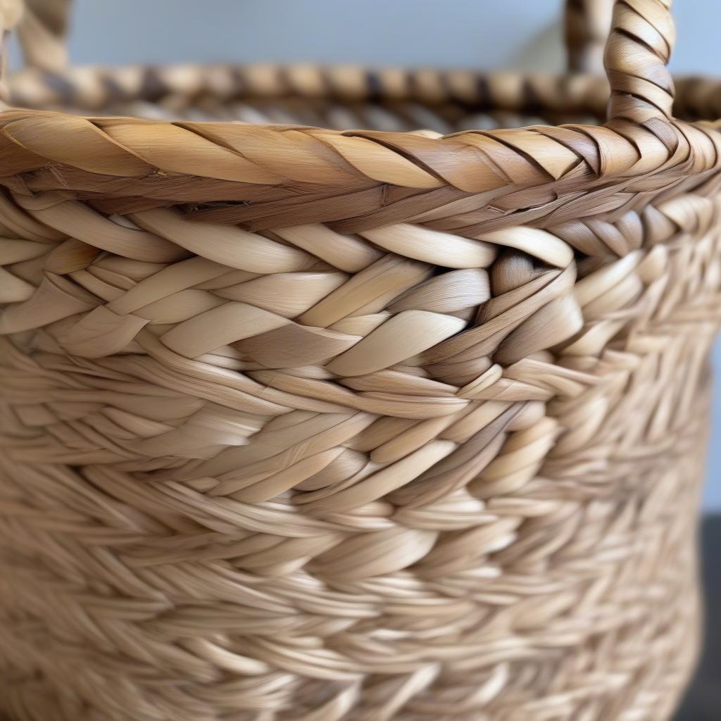 Close-up of a palm sweater weave log basket, showcasing the intricate details of the weaving pattern and the natural texture of the palm leaves.