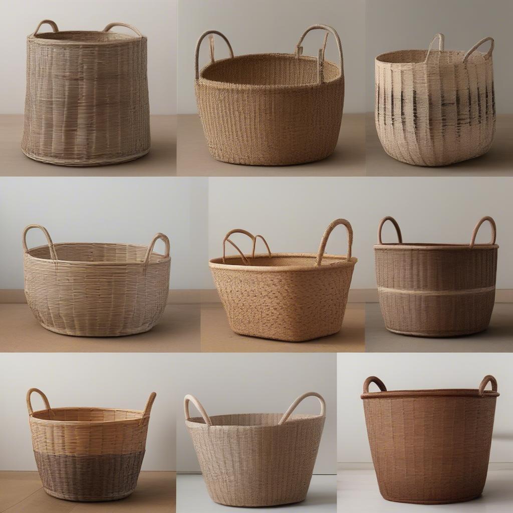 Side-by-side comparison of log baskets made from palm, wicker, and rattan, highlighting the differences in texture and weaving patterns.