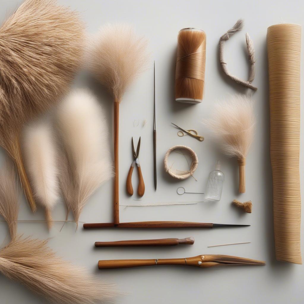 Pampas grass, weaving needles, scissors, and other supplies arranged on a wooden table, ready for a basket weaving project.