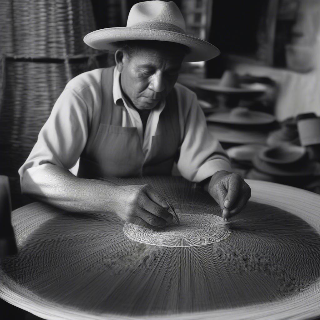 A historical photo depicting a weaver creating a Cuenca weave Panama hat.