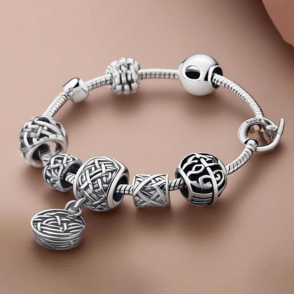 A Pandora bracelet styled with an open basket weave charm and other complementary charms.