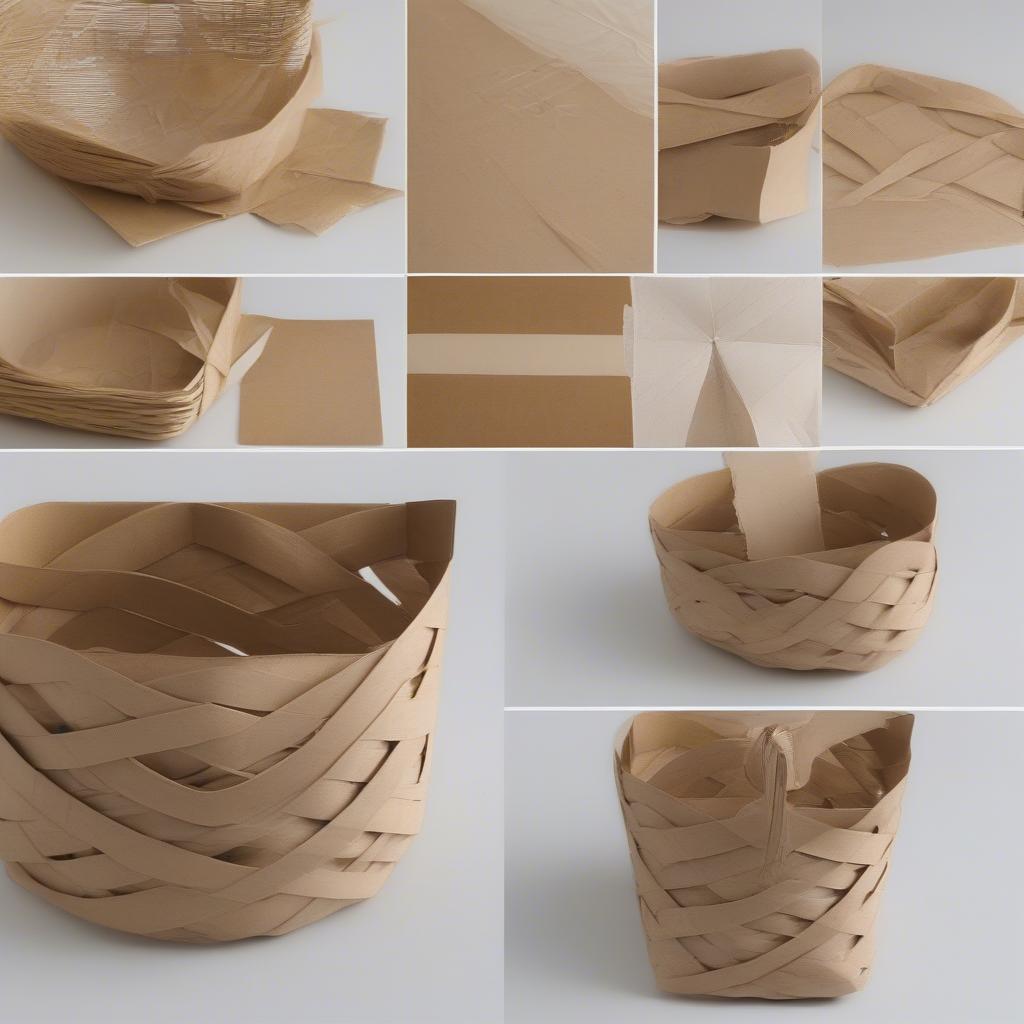 Constructing the base of a paper bag basket.