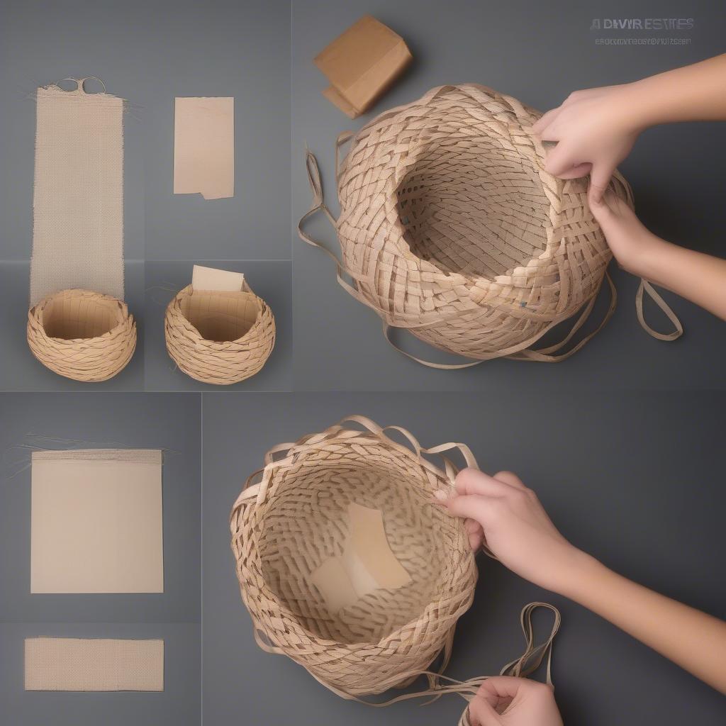 Paper bag basket weaving process in progress