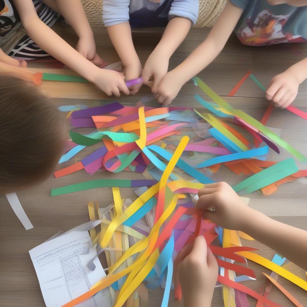 Kids preparing materials for paper basket weaving