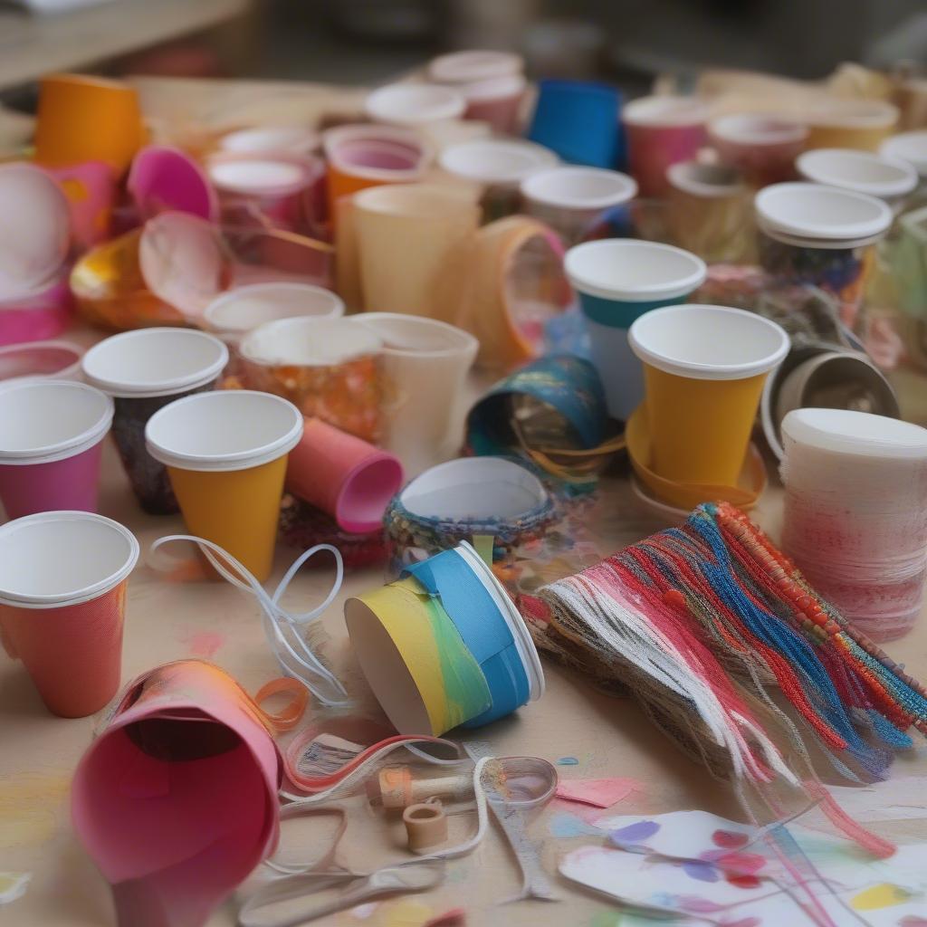 Paper cup basket weaving supplies laid out on a table, including paper cups, scissors, and optional decorative items.