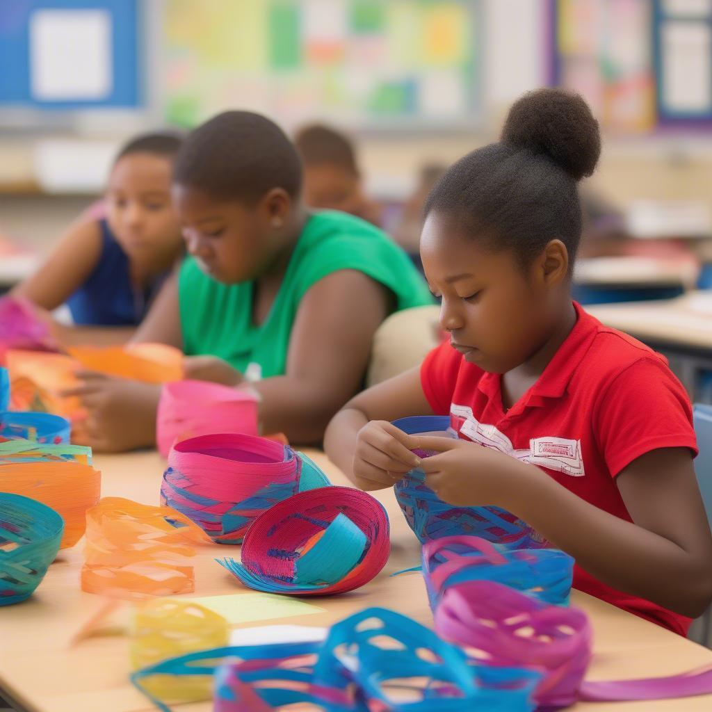 4th Graders Weaving a Colorful Basket with Paper Strips