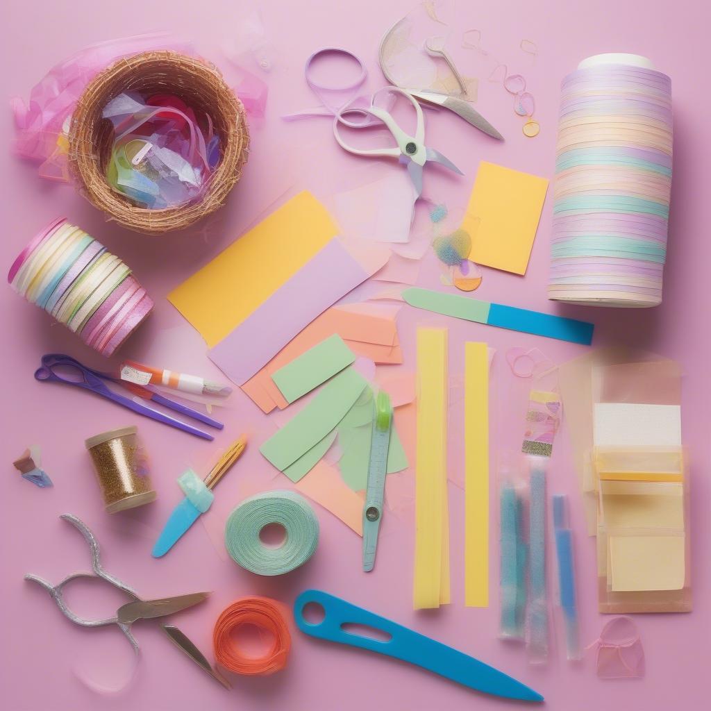 Colorful construction paper, scissors, ruler, pencil, glue, and embellishments laid out on a table.