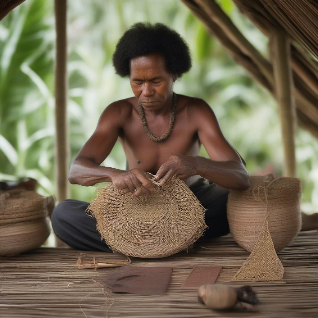 Papua New Guinean Artisan Weaving a Bilum