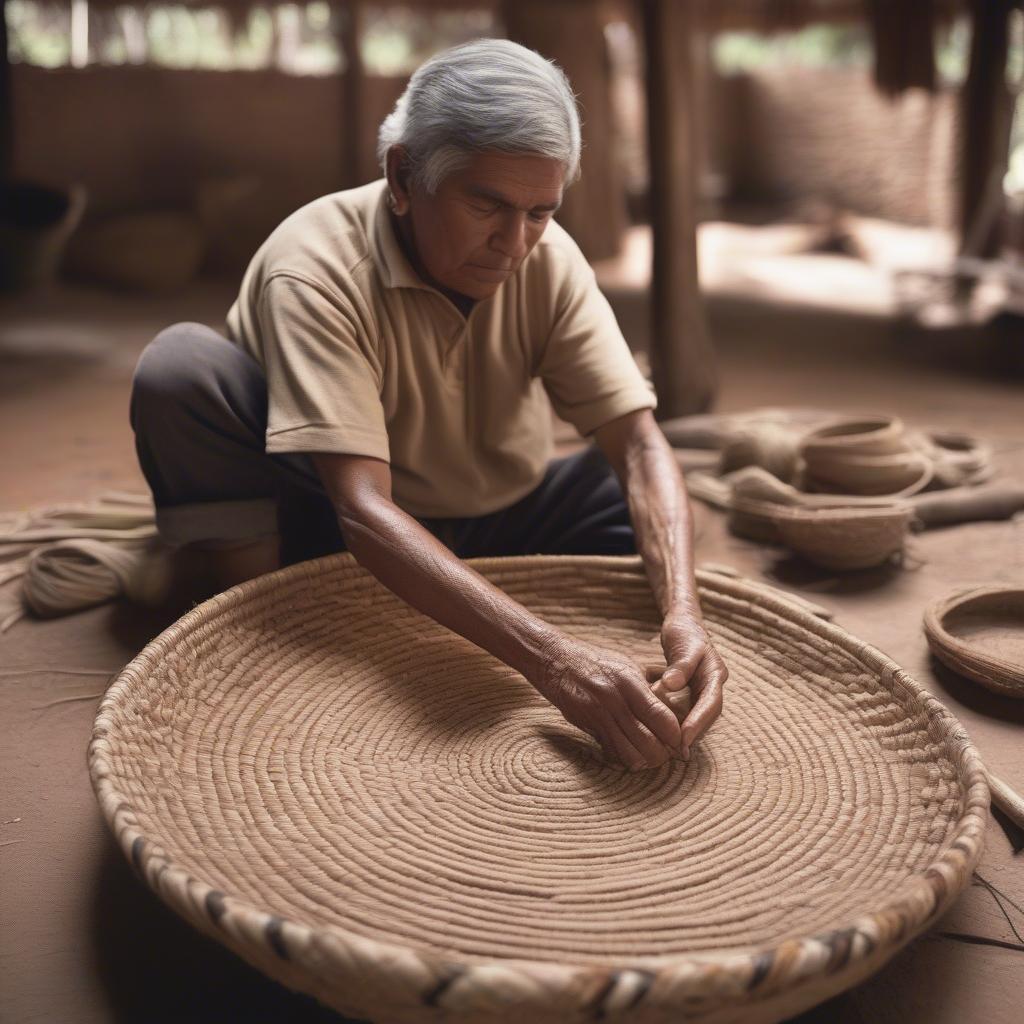 Indigenous Paraguayan Basket Weaver Creating Intricate Designs