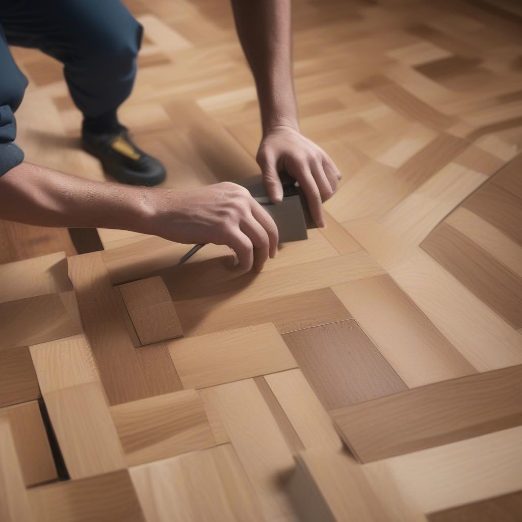 Professional installer laying down parquet flooring in a basket weave pattern, demonstrating the precise placement and alignment of wooden blocks.