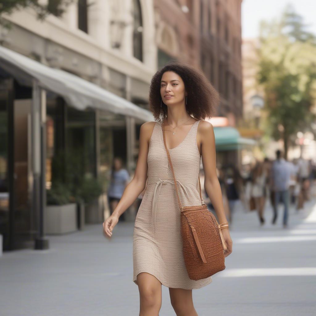 Woman carrying a Pasadena mini woven crossbody bag while walking down a city street