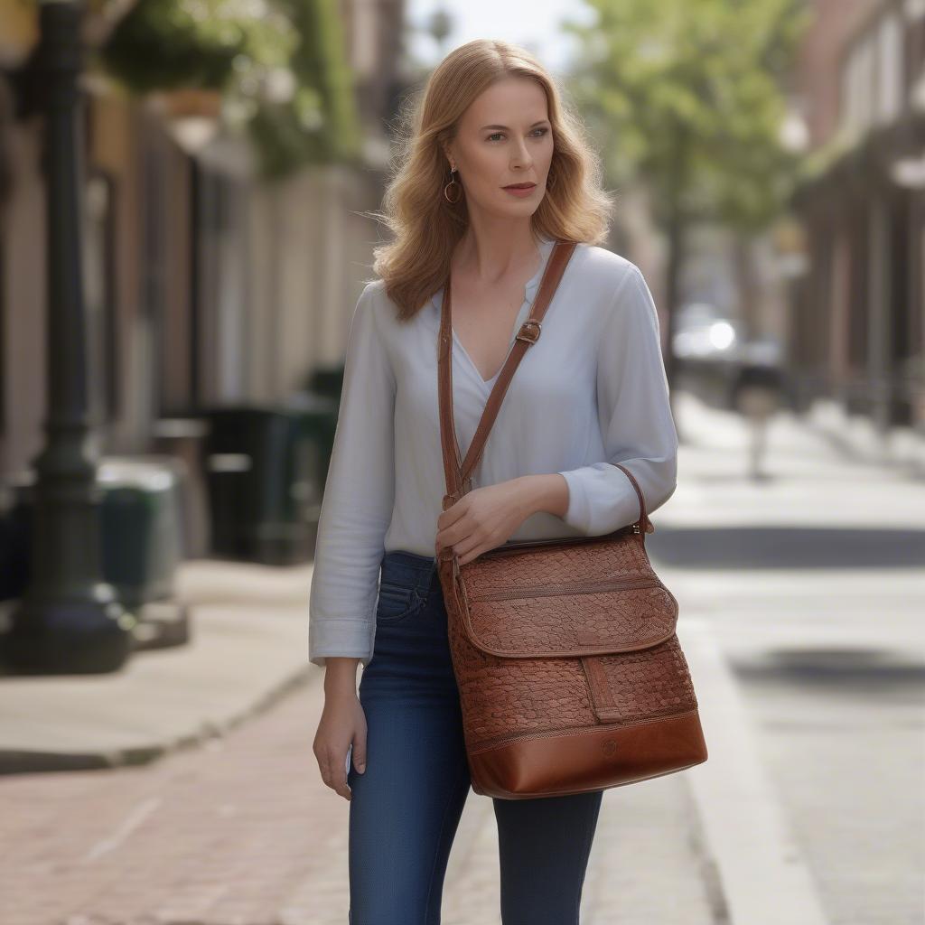 Lifestyle shot of a woman carrying the Patricia Nash Discovery Woven Saddle Bag - Acerra, demonstrating its versatility and everyday use.