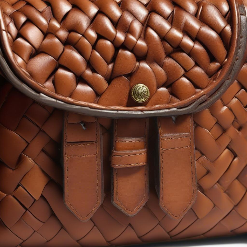 Close-up of the Patricia Nash Discovery Woven Saddle Bag in Acerra, showcasing the intricate woven leather detail and the warm, earthy tones of the Acerra colorway.