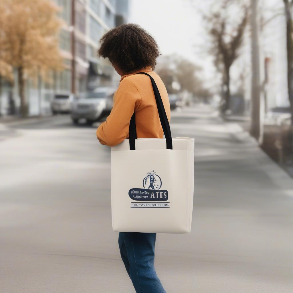 Person carrying a customized non-woven tote bag