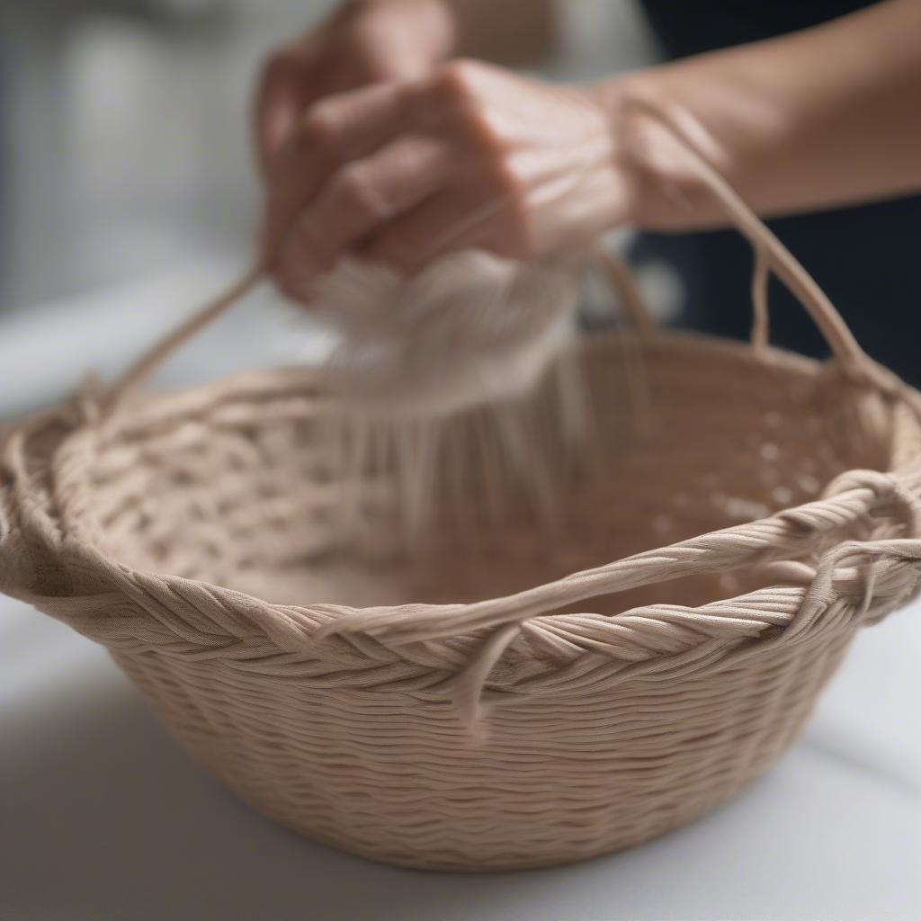 A person carefully cleaning a circle weave basket using a soft cloth.