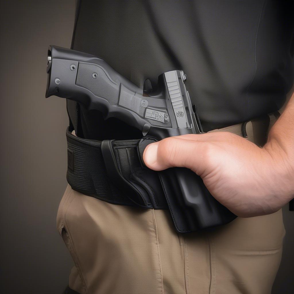 A person smoothly drawing their firearm from a black basket weave kydex holster, demonstrating its practical use and accessibility.