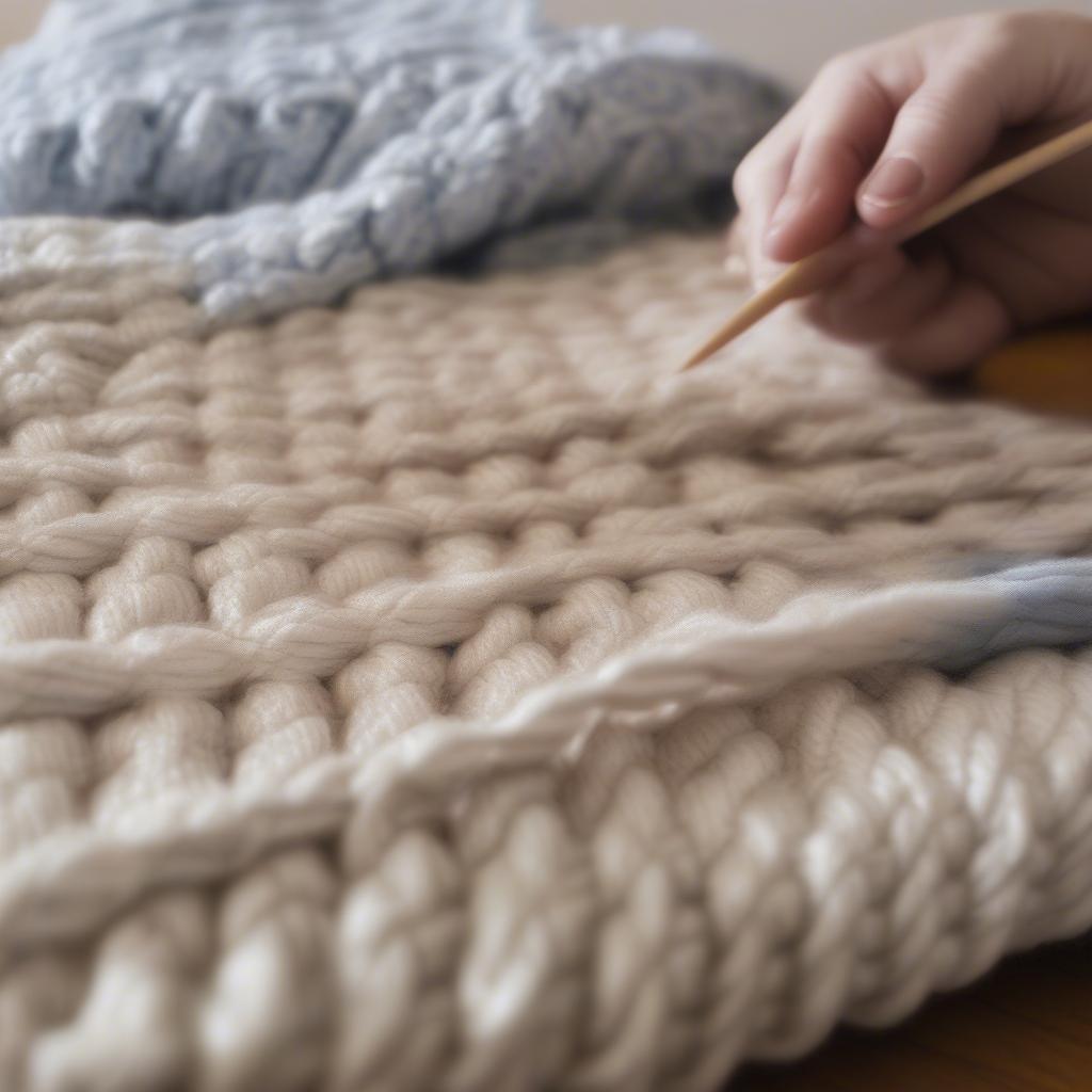 Knitter working on a basket weave baby blanket