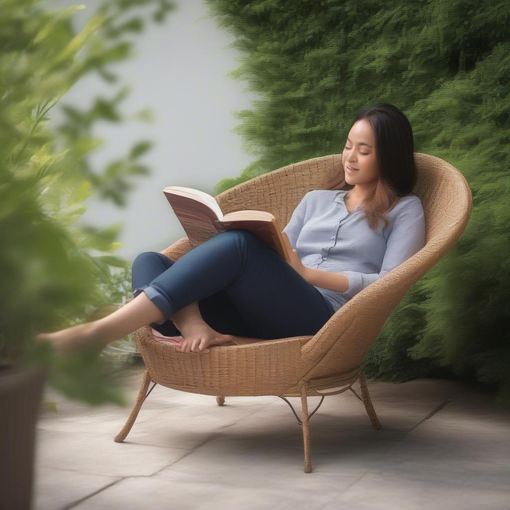 A person relaxing on a comfortable basket weave patio chair, enjoying the outdoor setting.