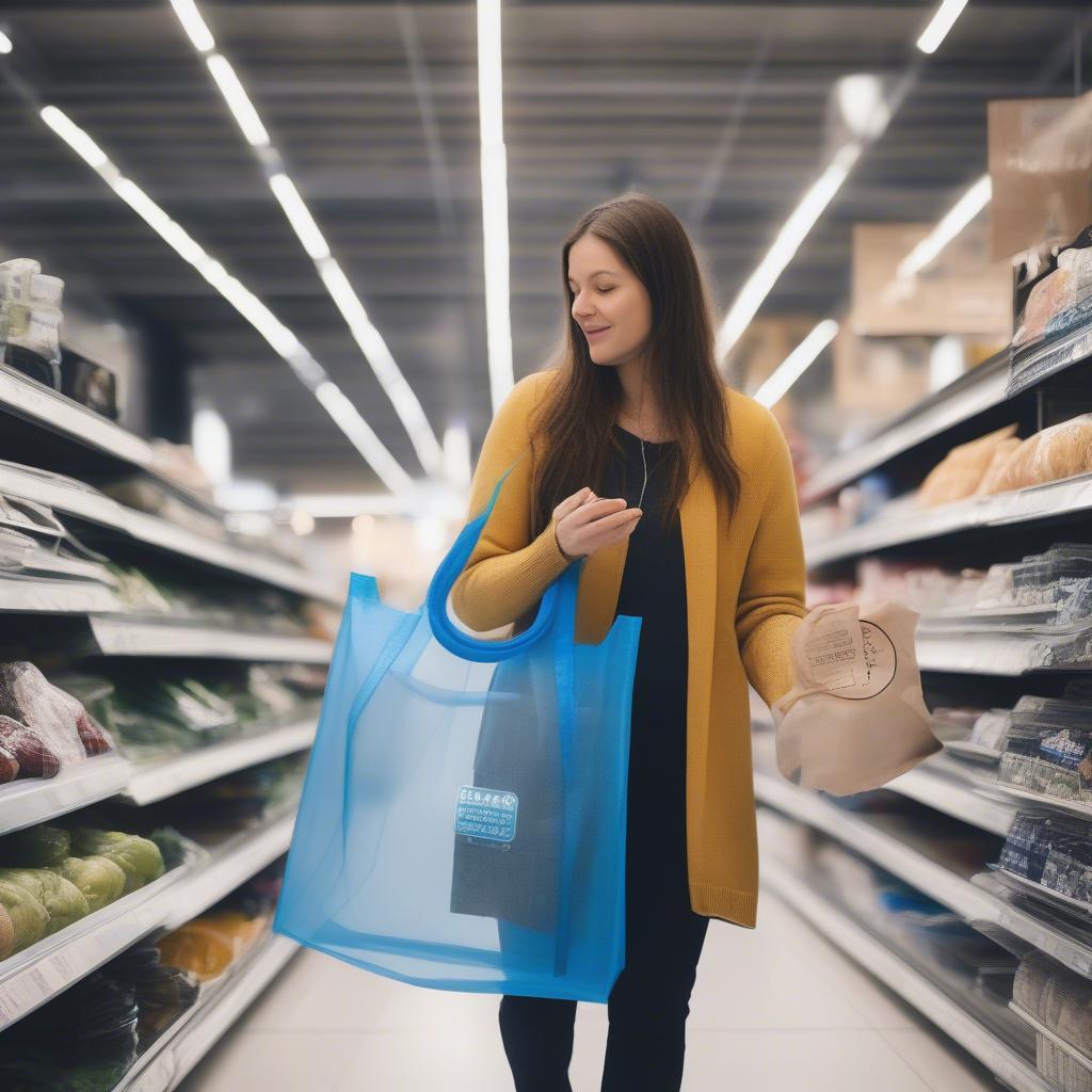 Person using a transparent and pp non-woven carrier bag blue for shopping