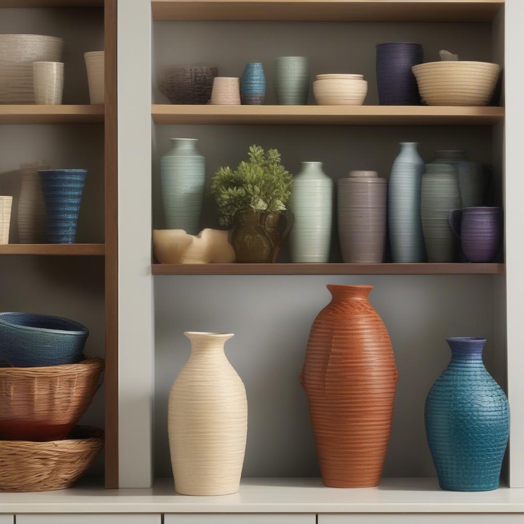 A collection of Pfaltzgraff vases in various sizes, shapes, and colors, showcasing the diversity of the faux basket weave pattern and handle designs.