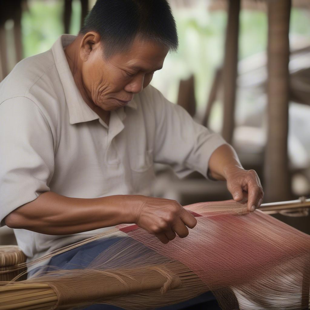 A Filipino artisan weaving a buri bag.