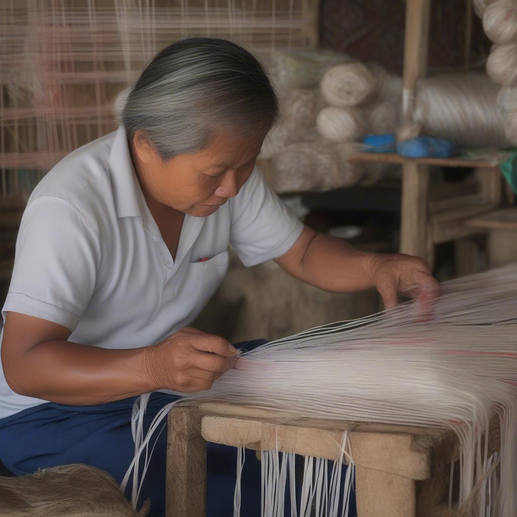 A Filipino artisan weaving a plastic bag