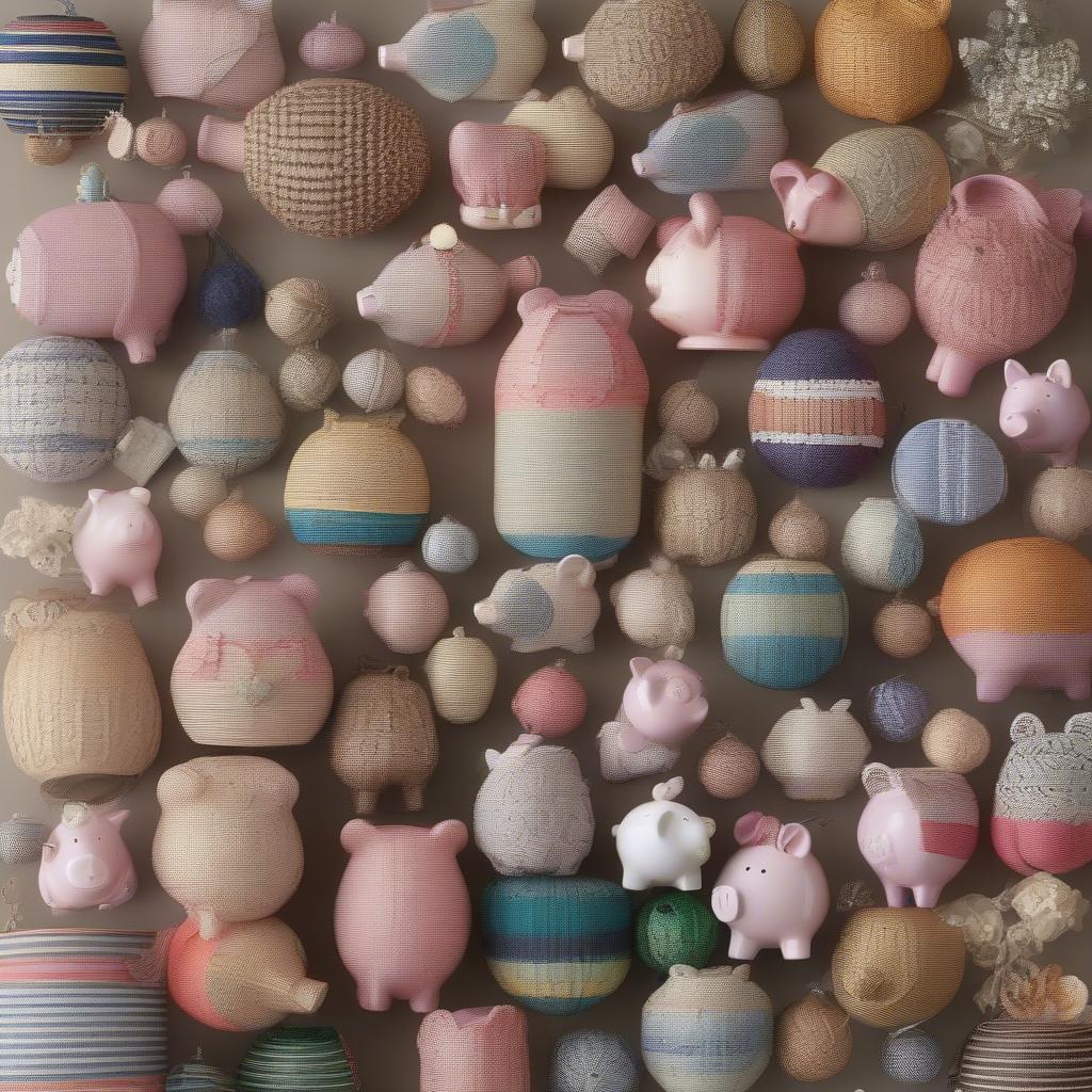 Piggy Bank Basket Weave Variations: Showcasing different weave patterns, colors, and embellishments for unique piggy banks.