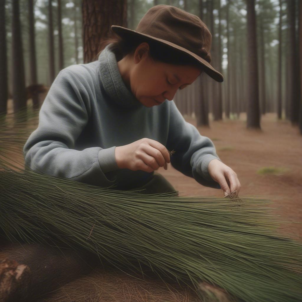 Harvesting pine needles for traditional hat making