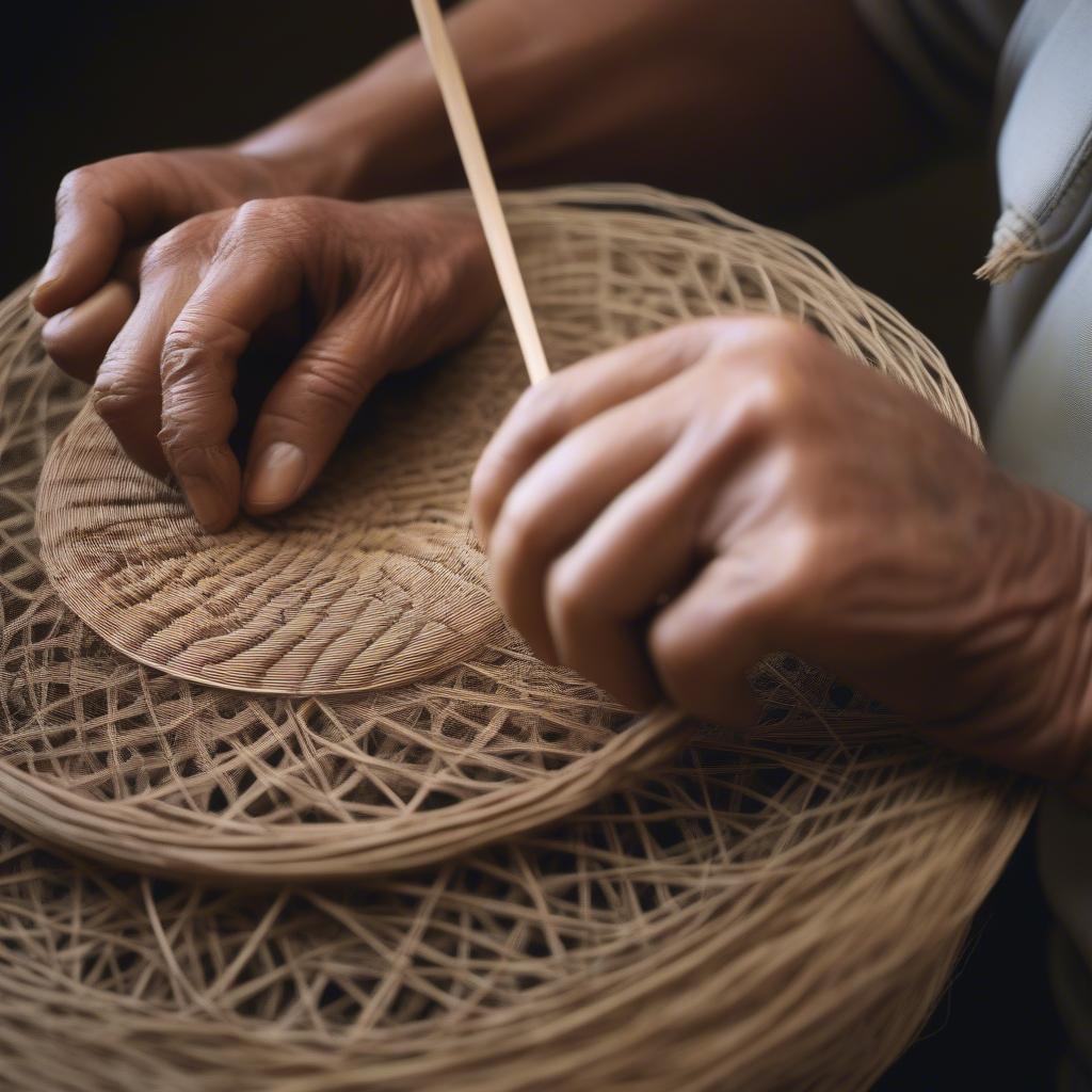 A skilled artisan weaving a pine needle hat