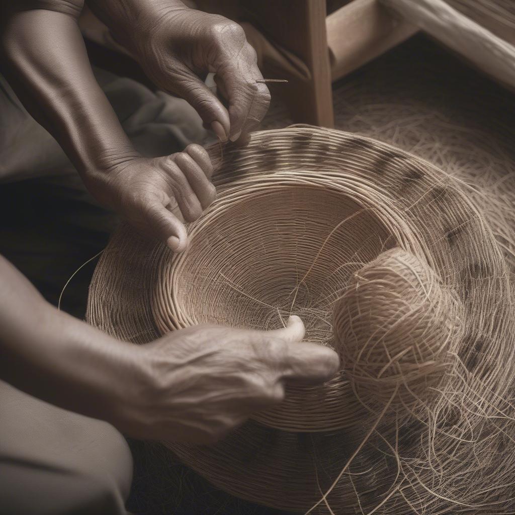 A woman demonstrating the traditional process of weaving a pine straw basket.