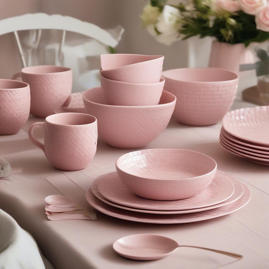 Pink Basket Weave Ceramic Dinnerware Set