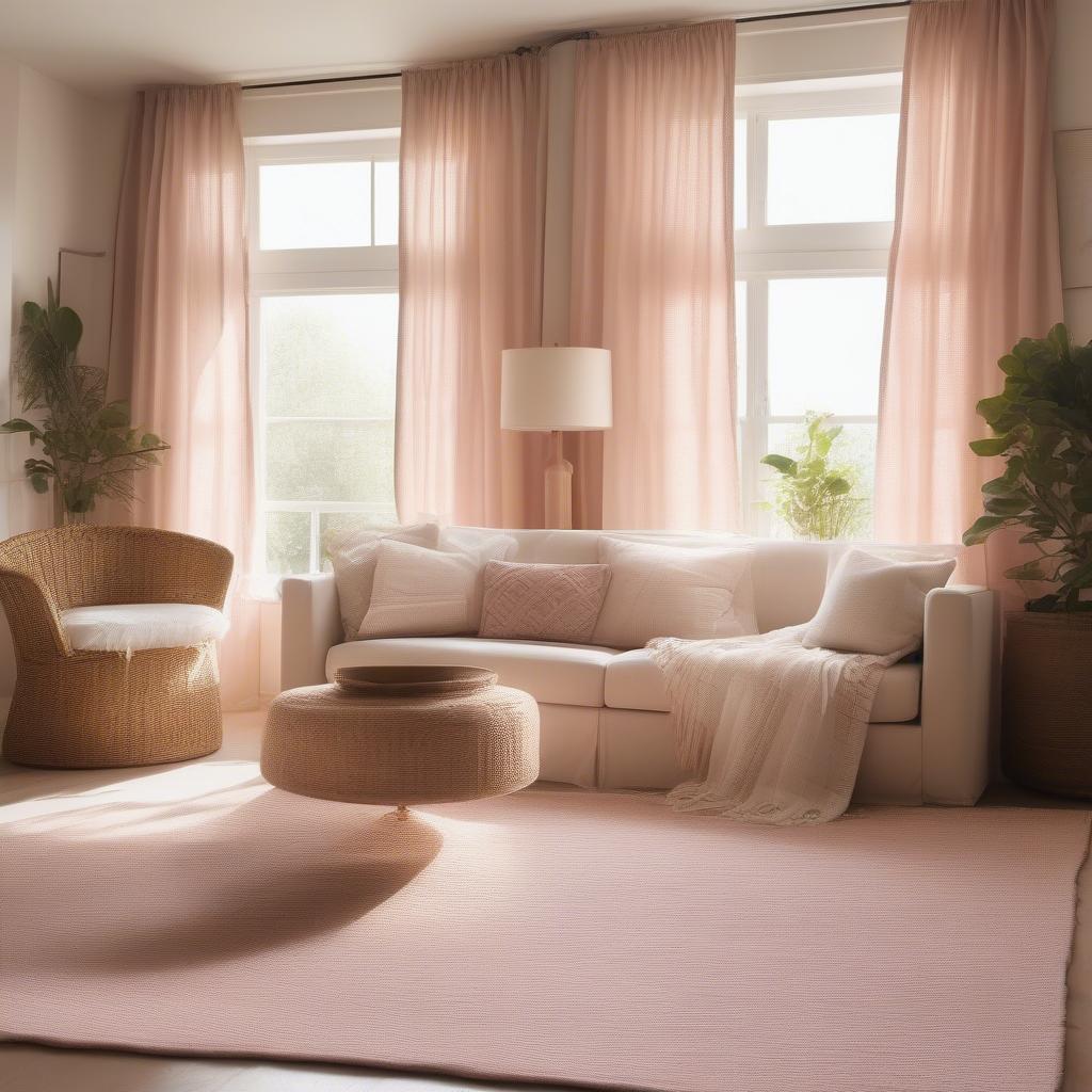 Pink Basket Weave Curtains in a Living Room Setting