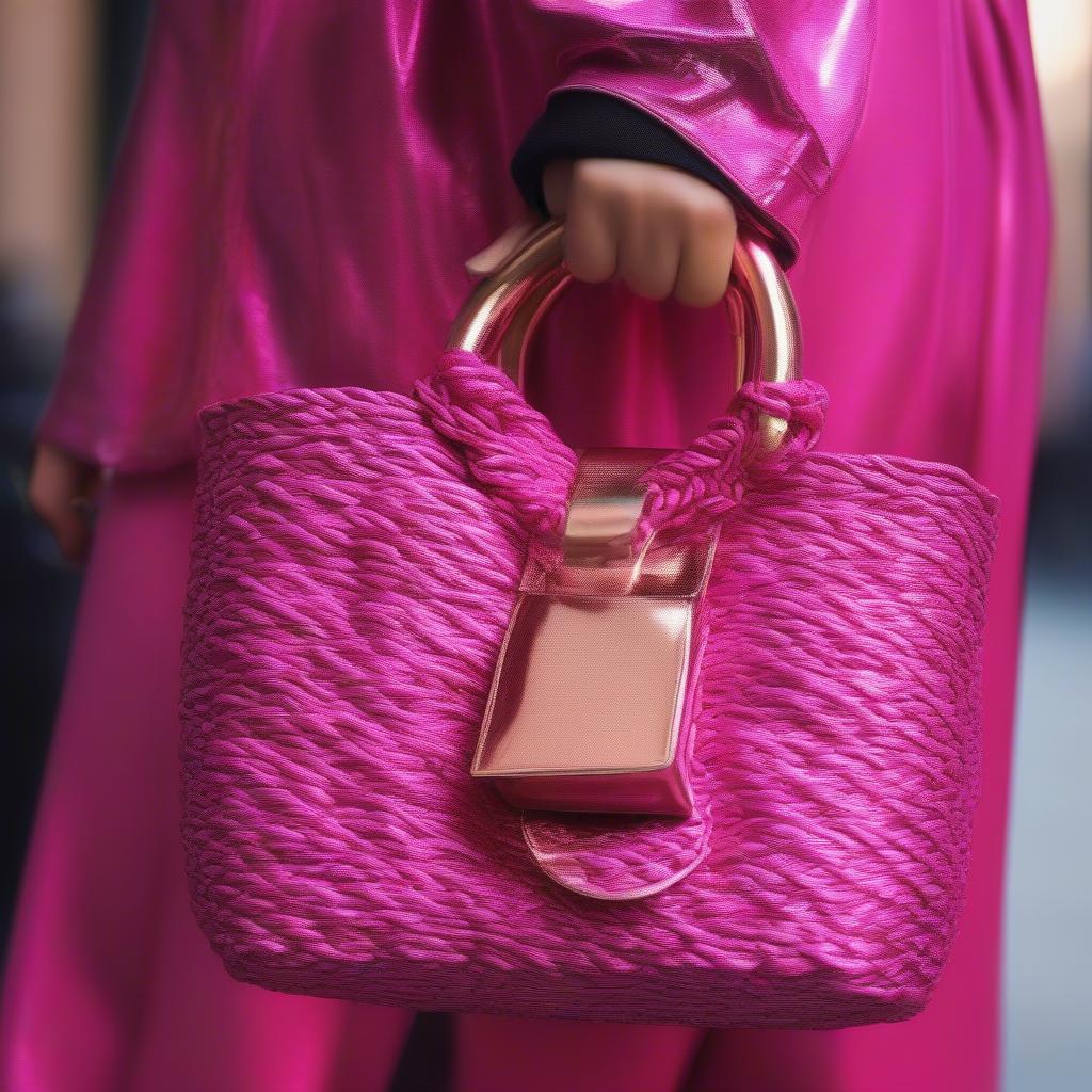 Pink Metallic Woven Bag Street Style