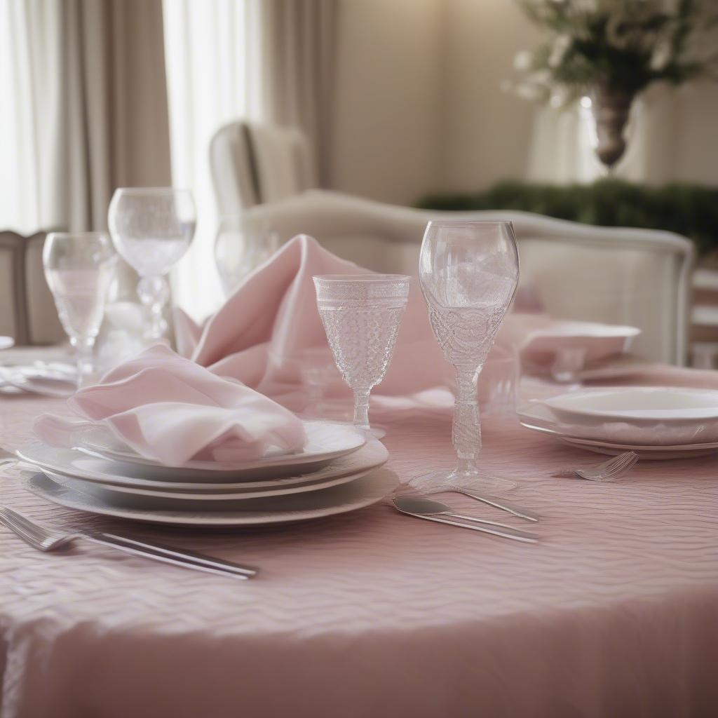 Pink Round Basket Weave Tablecloth in a Dining Setting