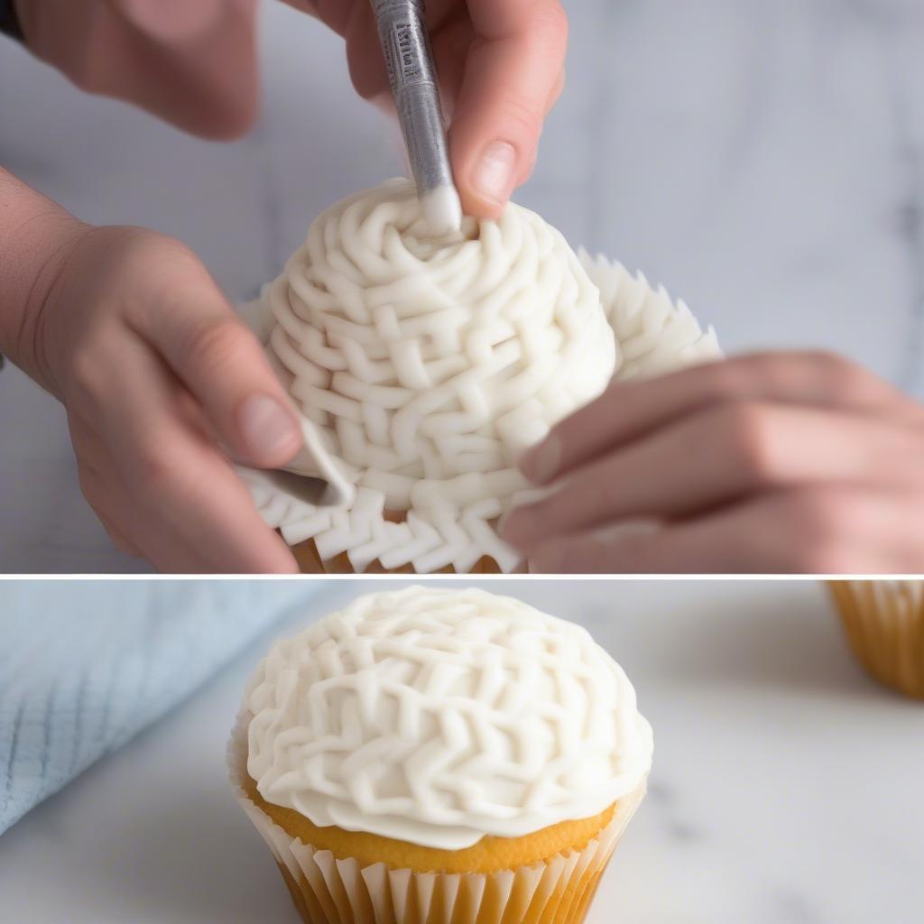 Piping a basket weave pattern with royal icing onto a cupcake