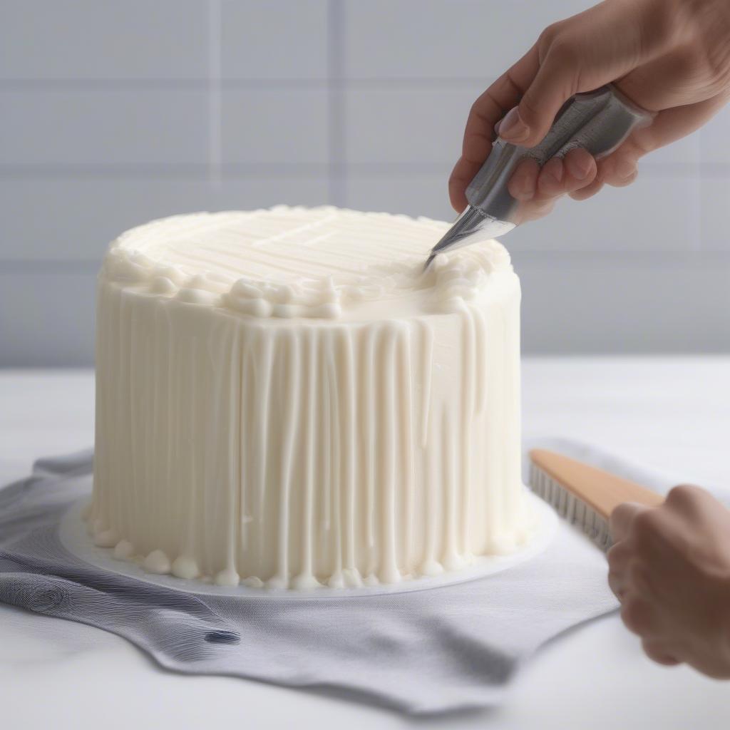 Piping vertical lines for the basket weave pattern on a cake.