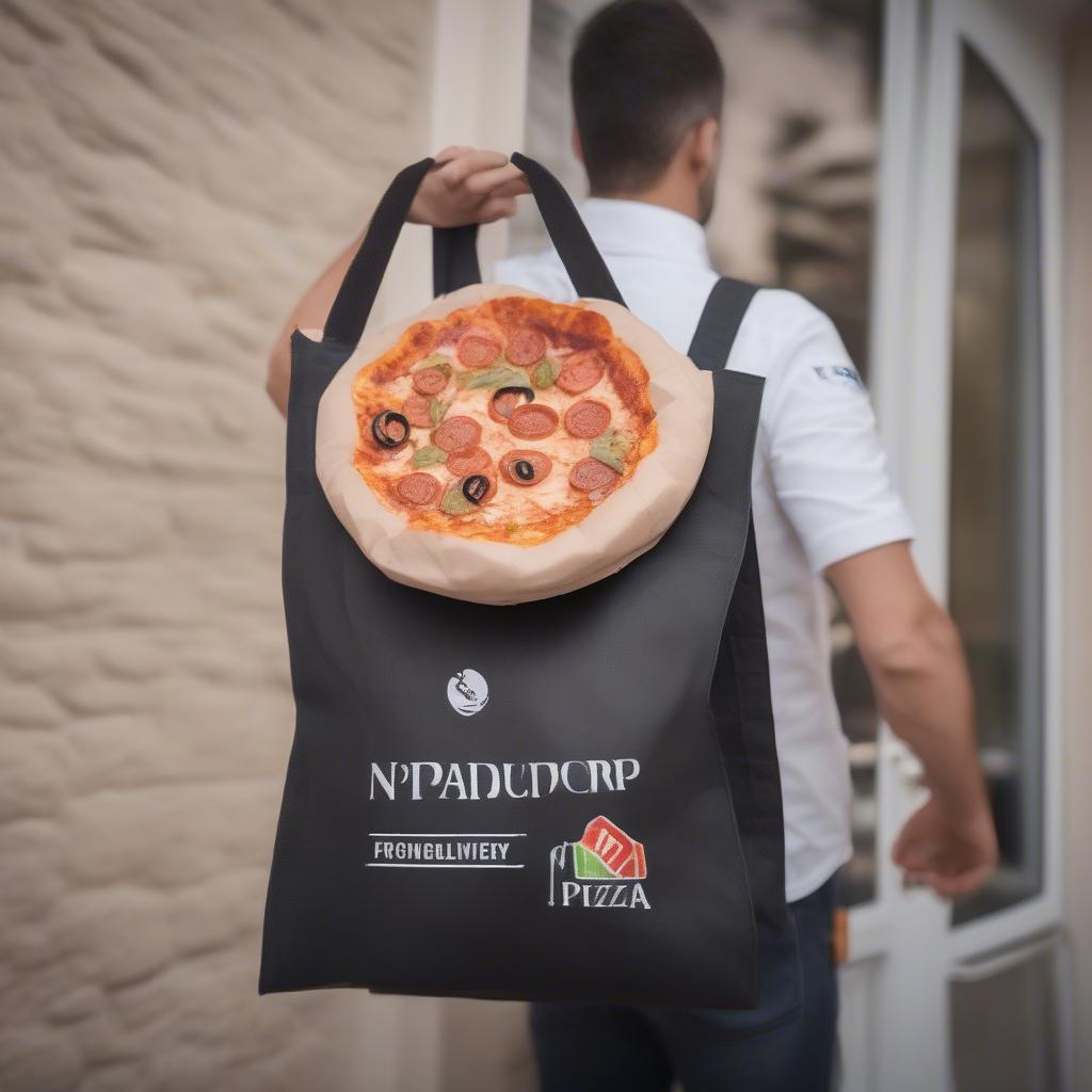 Pizza delivery person with a branded non-woven bag