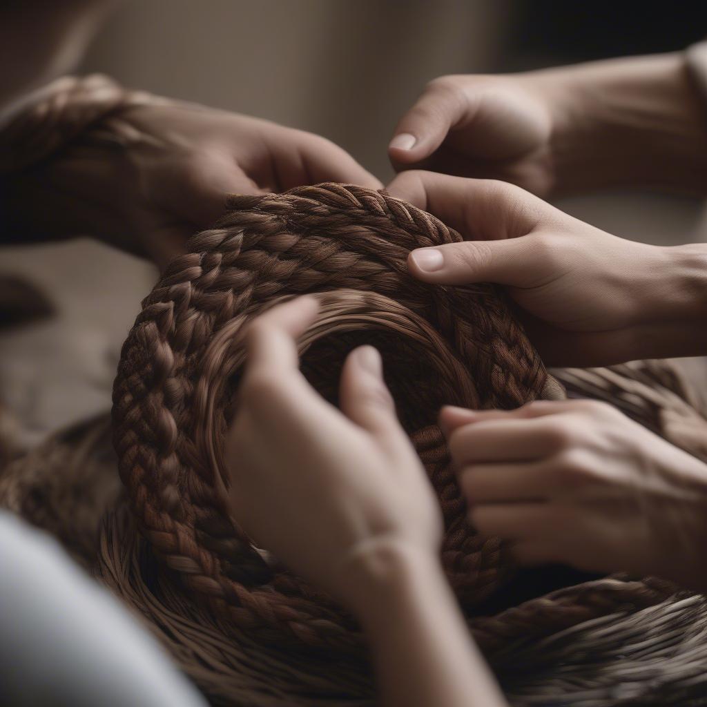 Plaiting Basket Weaving Techniques: A Close-up View of Hands Weaving a Basket Using the Plaiting Method