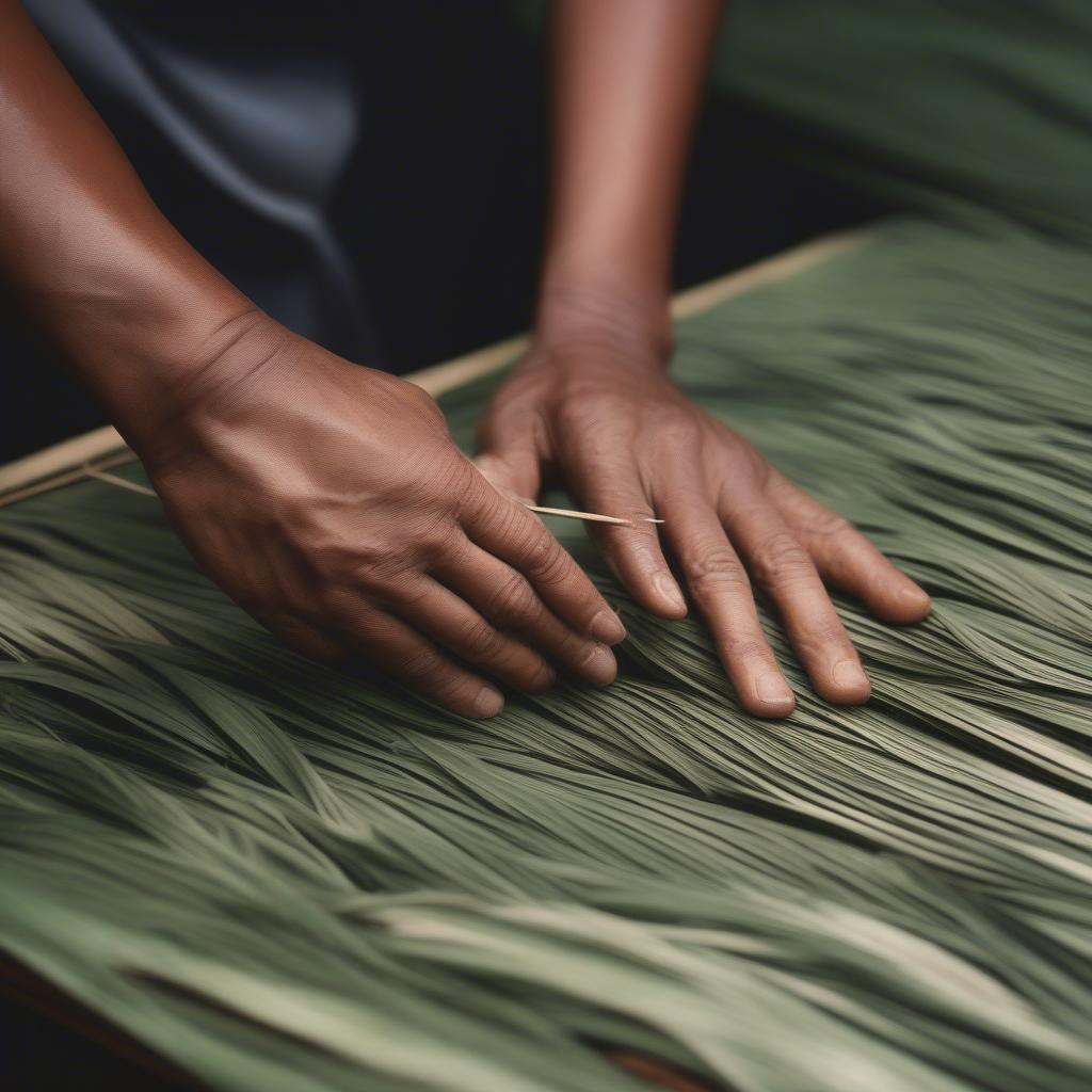 Plaiting basket weaving using palm leaves, showing a flat woven surface.