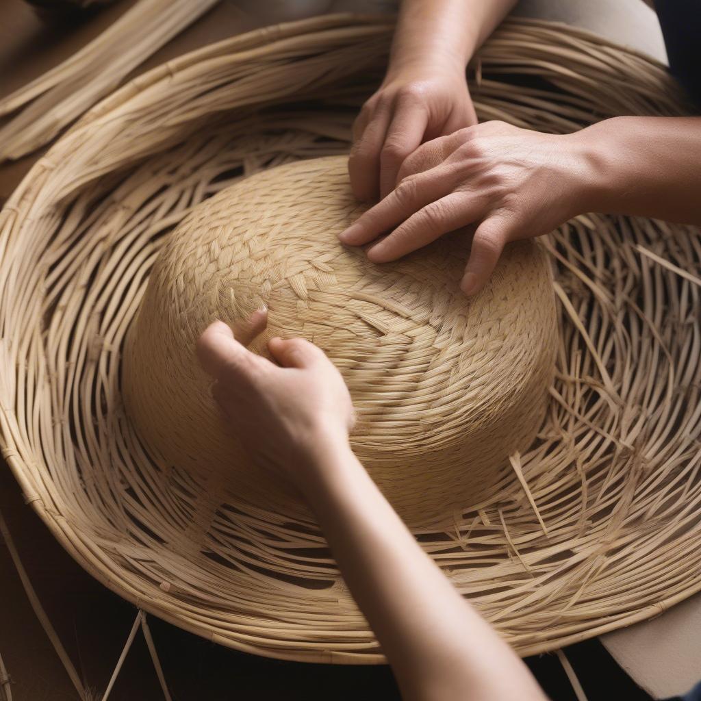 Plaiting reeds to form the hat structure