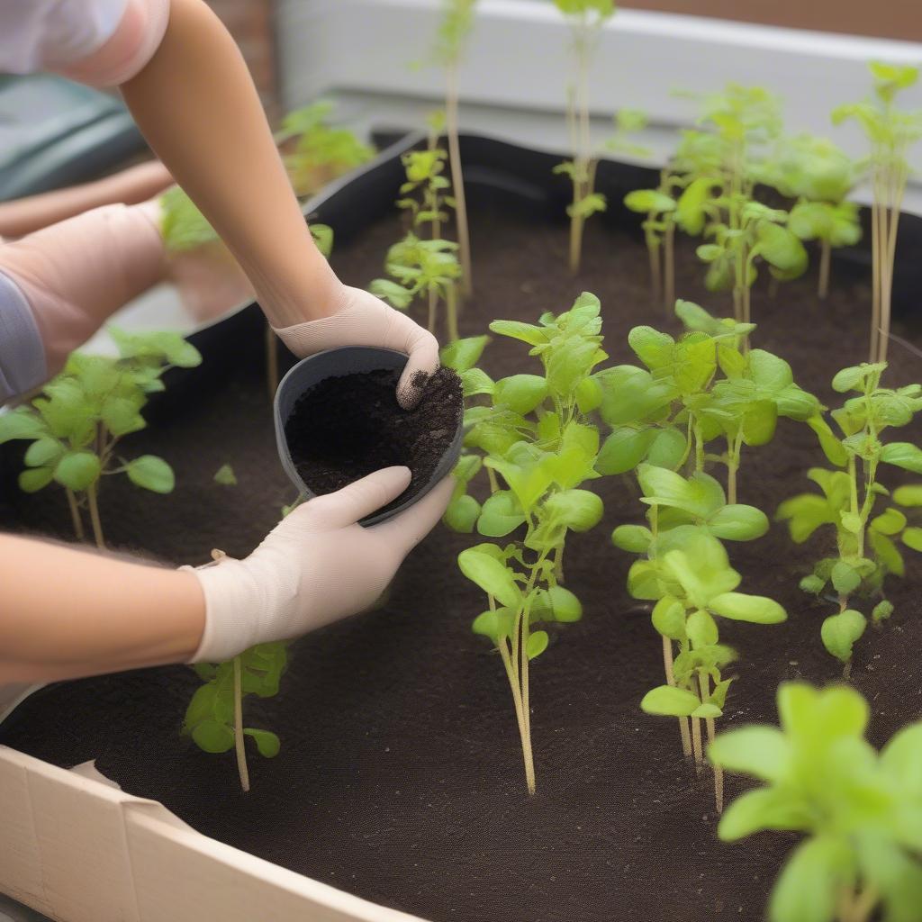 A gardener planting vegetable seedlings in a woven polypropylene grow bag, demonstrating the ease of use.