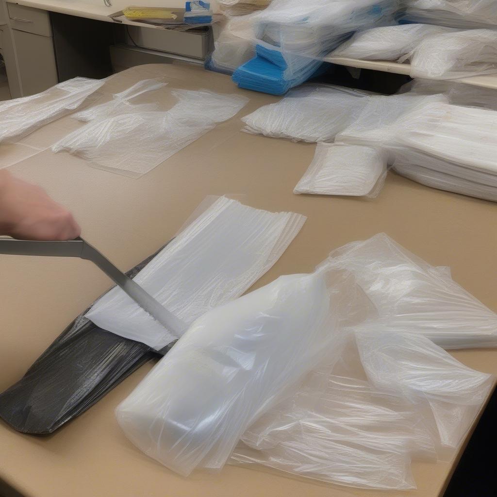 Preparing plastic bags for a no-weave mat